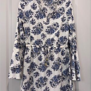 Women’s Long Sleeve Floral Drawstring Dress - White & Blue